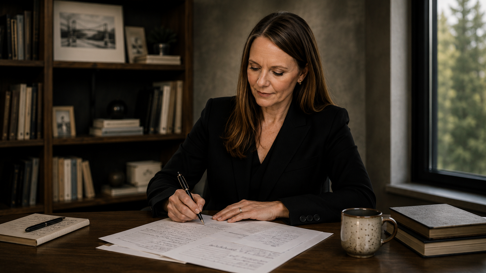 Tammy L. Collins reviewing handwritten notes and printed briefs at her desk