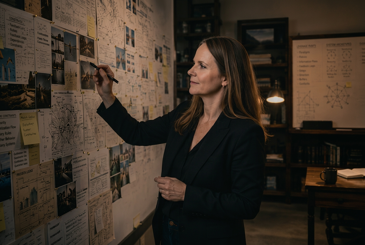 Tammy Collins writing on an evidence wall of pinned notes, sketches, and photographs in a warm, dark study