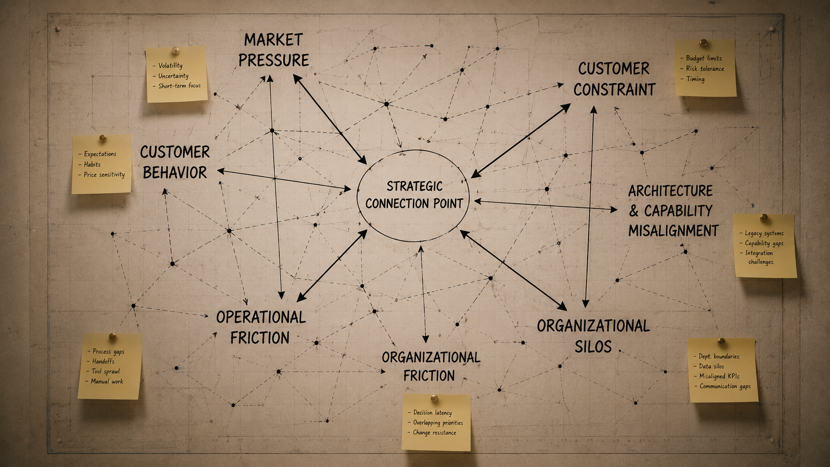A hand-drawn strategy diagram connecting market pressure, customer constraint, and organizational silos
