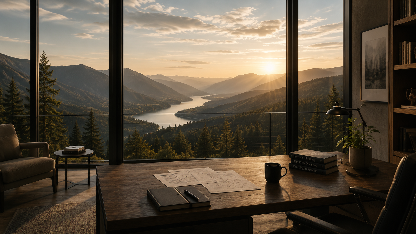 A study overlooking a valley at sunset