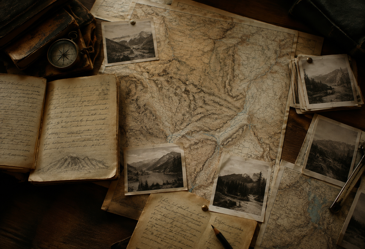 Antique maps, handwritten notes, and photographs laid out together