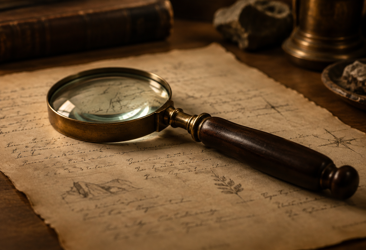 A brass magnifier resting on handwritten field notes