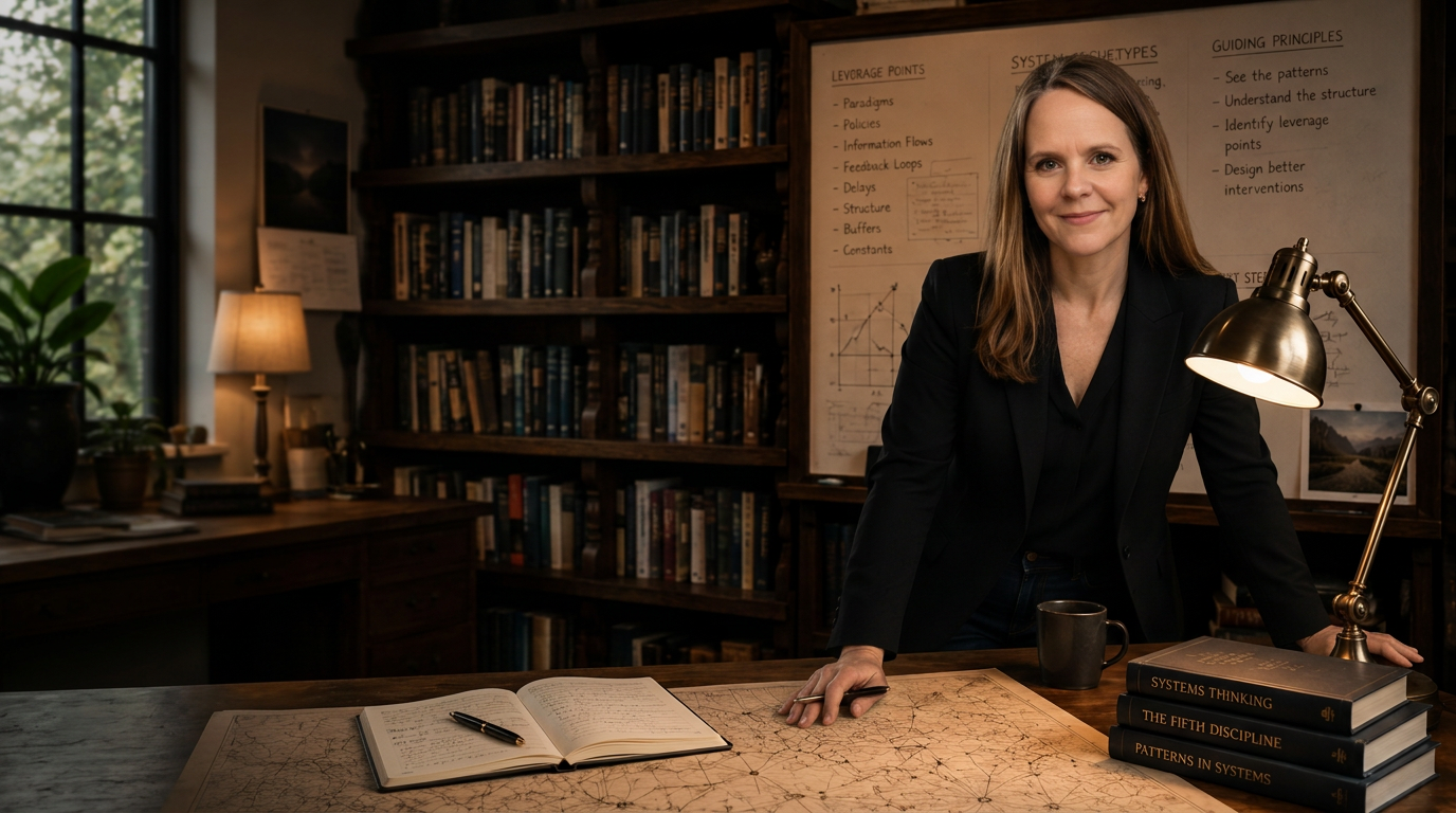 Tammy L. Collins in her study, reviewing a systems map beside a whiteboard of observations